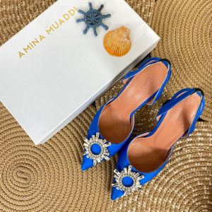amina muaddi ayakkabi saten saks mavi pumps 12 cm
