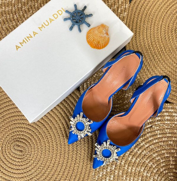 amina muaddi ayakkabi saten saks mavi pumps 12 cm