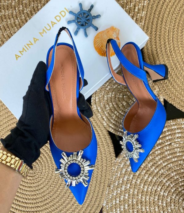 amina muaddi ayakkabi saten saks mavi pumps 12 cm