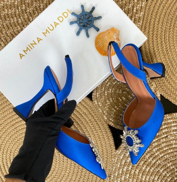 amina muaddi ayakkabi saten saks mavi pumps 12 cm