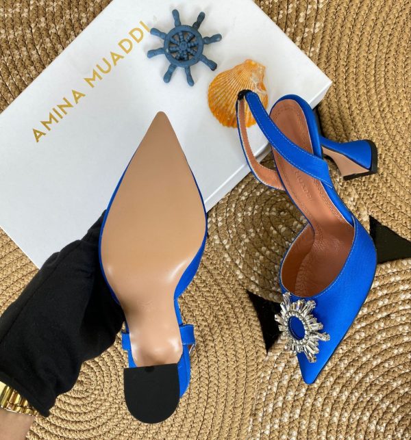 amina muaddi ayakkabi saten saks mavi pumps 12 cm