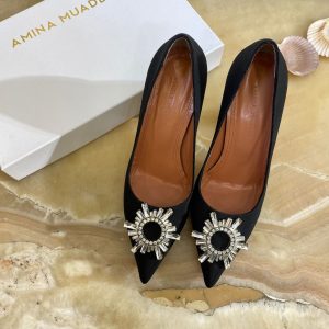 amina muaddi ayakkabi saten siyah pumps 12 cm topuklu