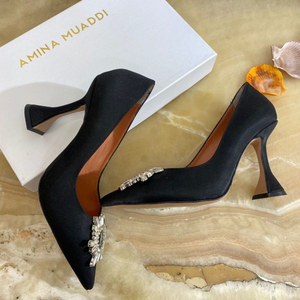 amina muaddi ayakkabi saten siyah pumps 12 cm topuklu