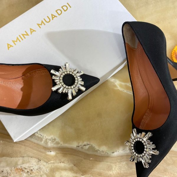 amina muaddi ayakkabi saten siyah pumps 12 cm topuklu