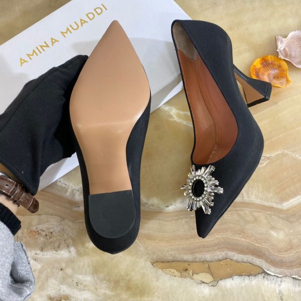amina muaddi ayakkabi saten siyah pumps 12 cm topuklu