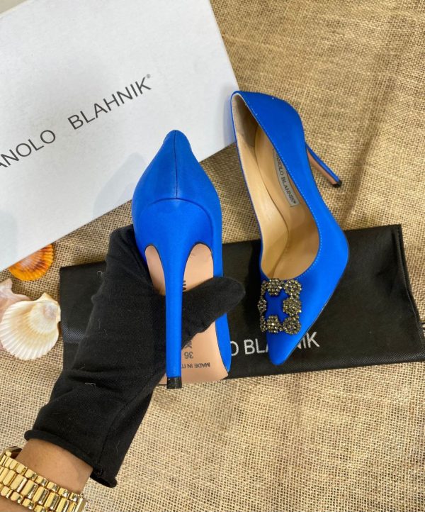 manolo blahnik ayakkabi saks mavi saten pumps 12 cm