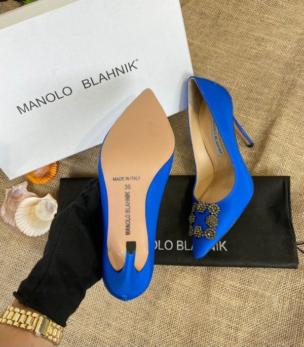 manolo blahnik ayakkabi saks mavi saten pumps 12 cm