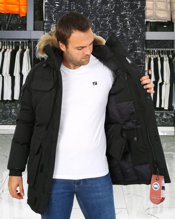 canada goose mont erkek kapusonlu tilki tuyu siyah logolu