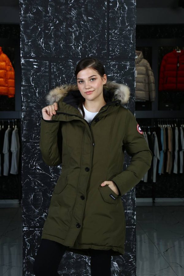 canada goose mont haki yesil kapusonlu tilki tuyu