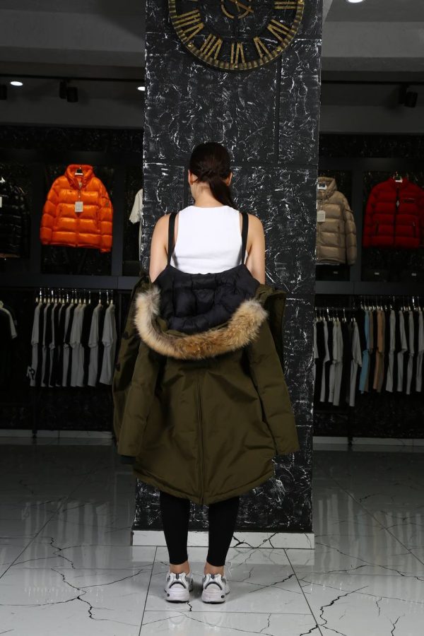 canada goose mont haki yesil kapusonlu tilki tuyu