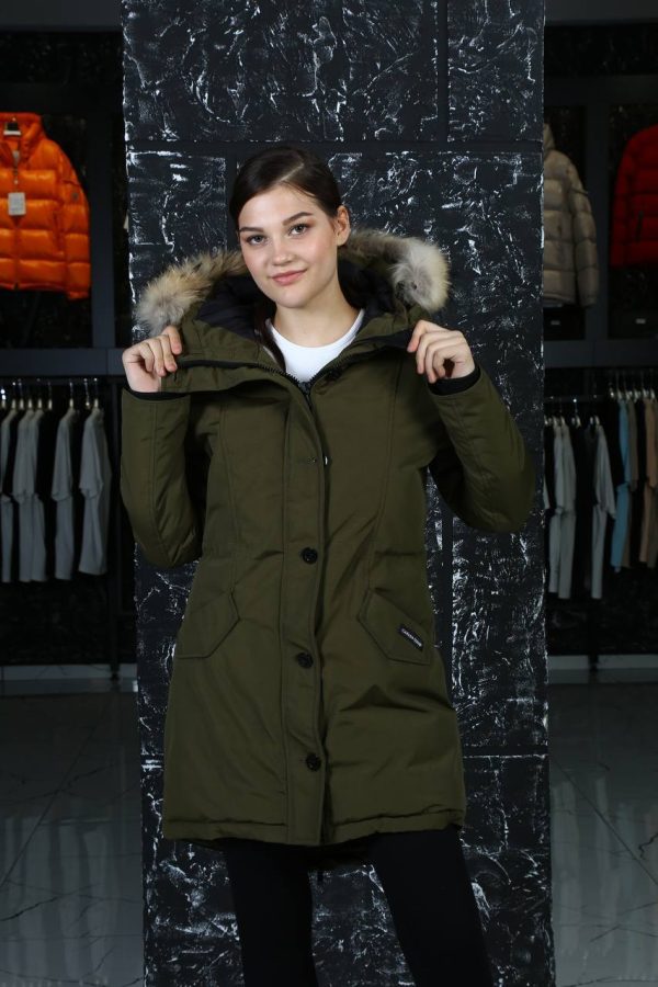 canada goose mont haki yesil kapusonlu tilki tuyu