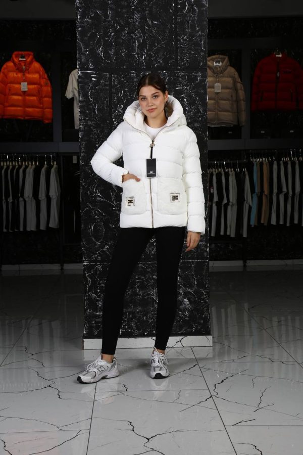 elisabetta franchi mont beyaz pelus detayli  kapusonlu
