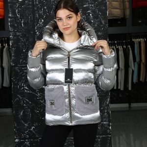 elisabetta franchi mont silver gri pelus detayli  kapusonlu