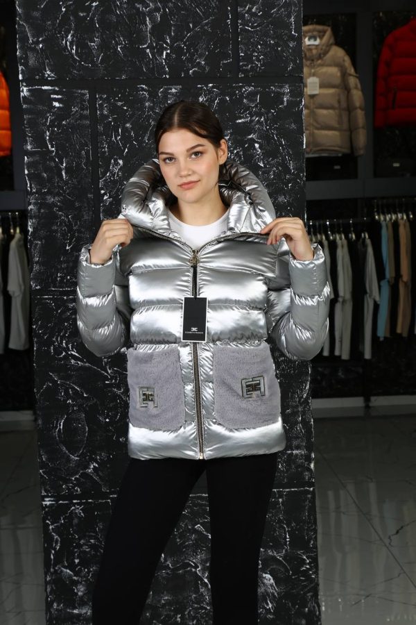 elisabetta franchi mont silver gri pelus detayli  kapusonlu