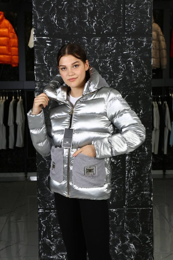 elisabetta franchi mont silver gri pelus detayli  kapusonlu