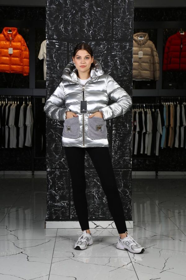 elisabetta franchi mont silver gri pelus detayli  kapusonlu