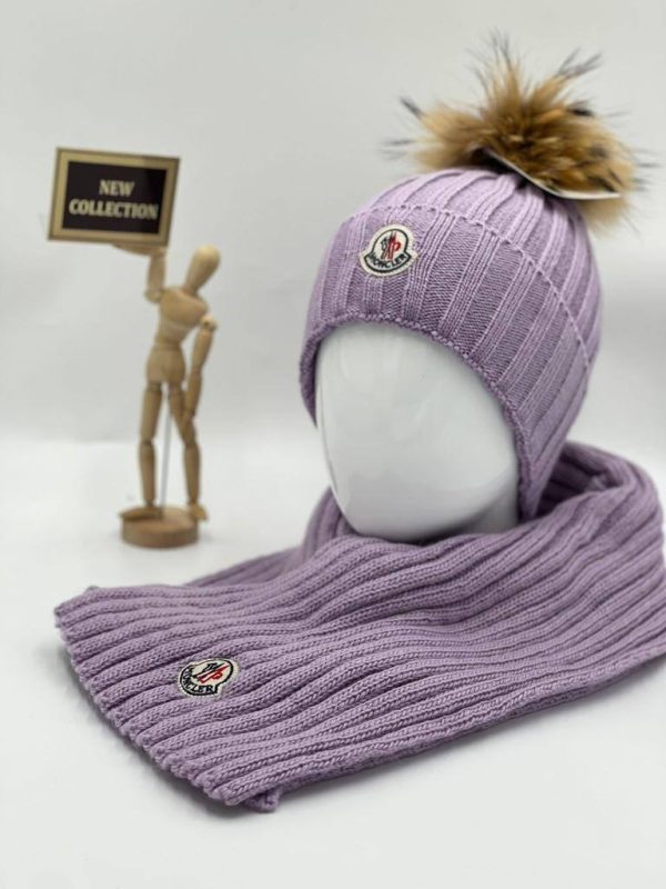 moncler atki bere takimi ponponlu mor