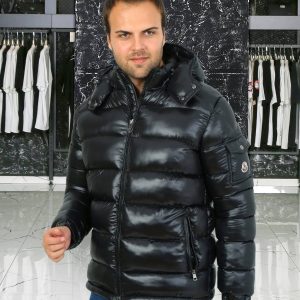 moncler mont erkek parlak kapusonlu siyah kolu cepli classic