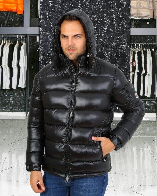 moncler mont erkek parlak kapusonlu siyah kolu cepli classic