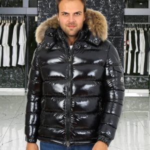 moncler mont erkek siyah parlak kapusonlu kolu cepli classic