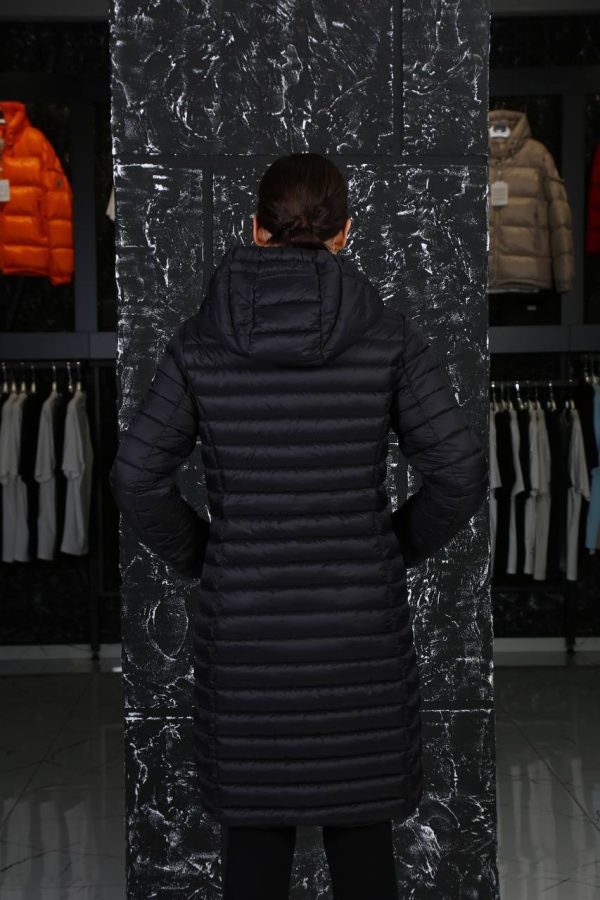 moncler mont kadin uzun belden sikmali siyah mat kapusonlu