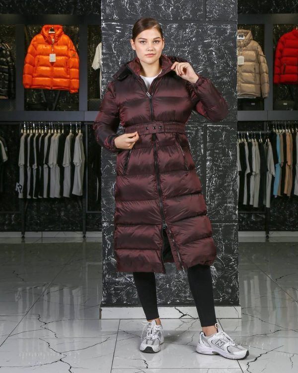 moncler mont mont uzun diz alti bordo beli kemer detayli kapusonlu