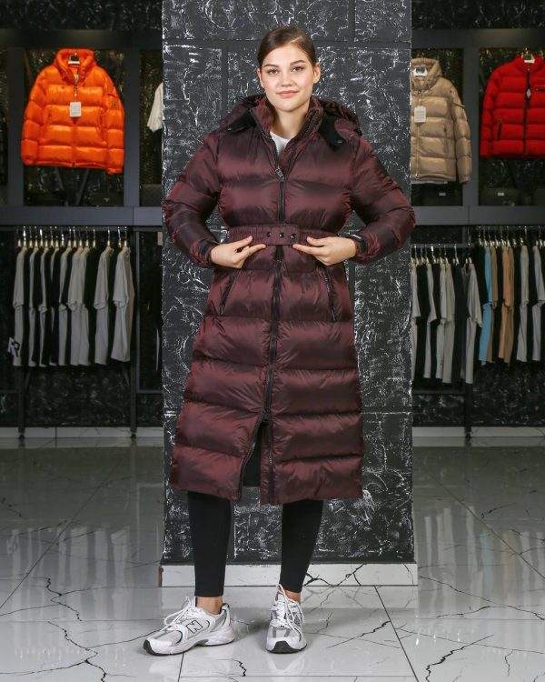 moncler mont mont uzun diz alti bordo beli kemer detayli kapusonlu
