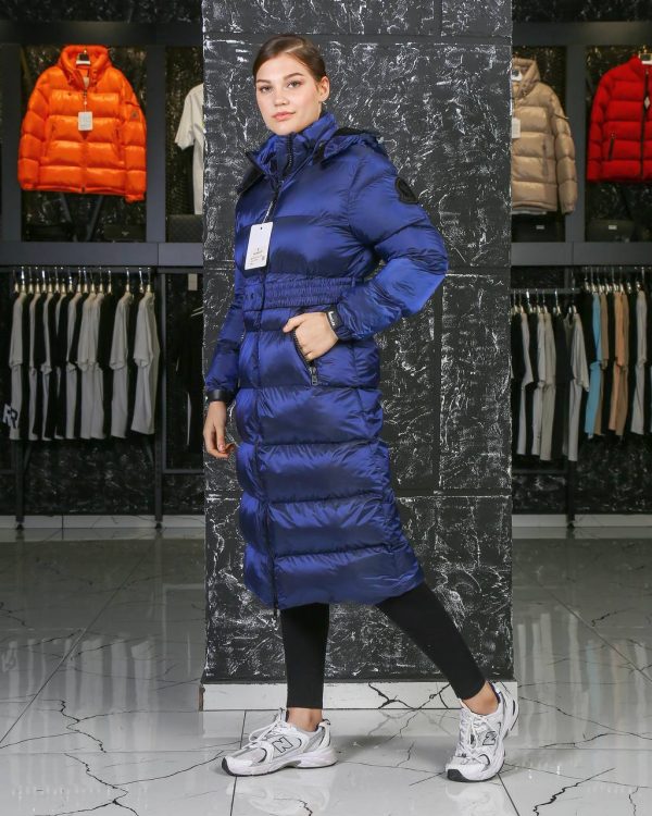 moncler mont mont uzun diz alti lacivert beli kemer detayli kapusonlu