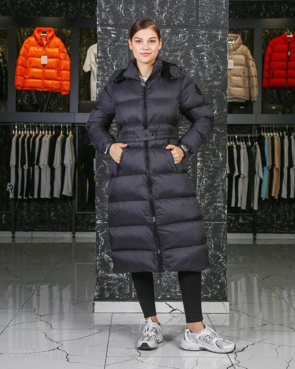 moncler mont mont uzun diz alti siyah mat beli kemer detayli kapusonlu