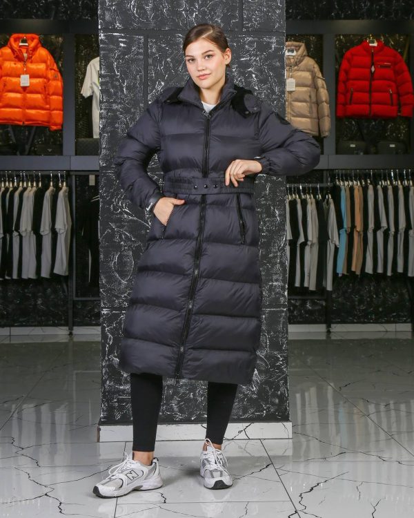 moncler mont mont uzun diz alti siyah mat beli kemer detayli kapusonlu