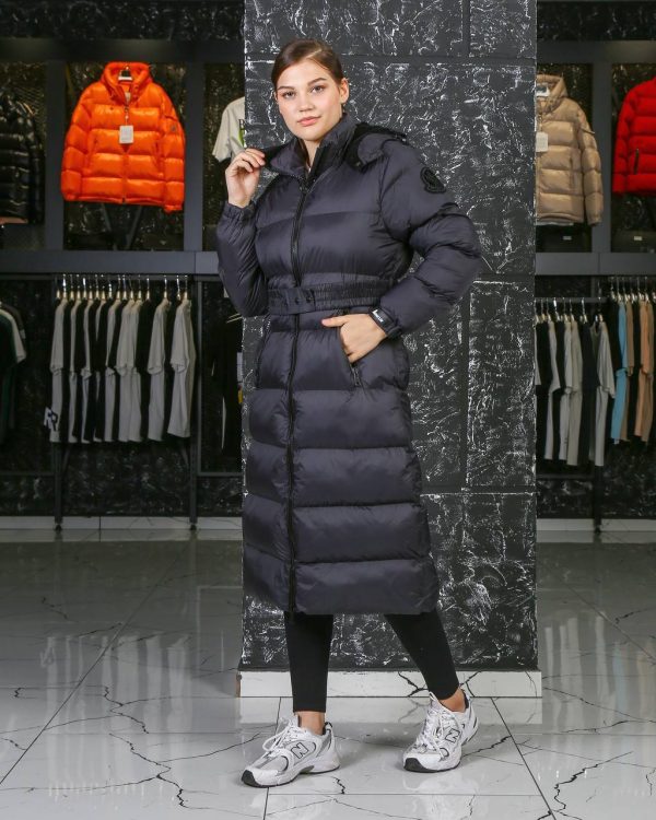 moncler mont mont uzun diz alti siyah mat beli kemer detayli kapusonlu