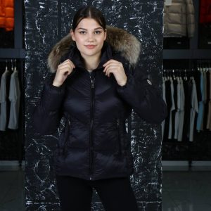 moncler mont siyah beli kemer detayli kapusonu tuylu