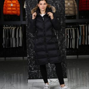 moncler mont uzun siyah beli kemer detayli kapusonlu tilki tuyu