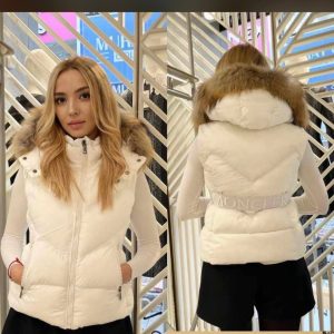 moncler yelek kadin beyaz beli kemer detayli yuksek kalite tilki tuyu kapuson