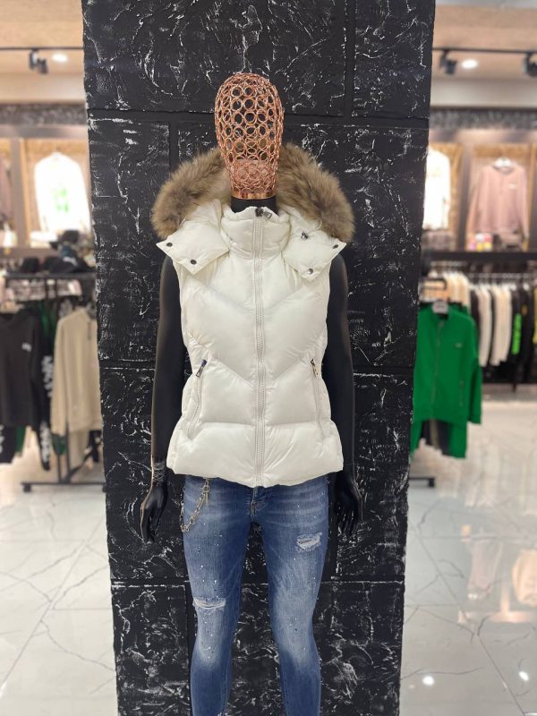 moncler yelek kadin beyaz beli kemer detayli yuksek kalite tilki tuyu kapuson
