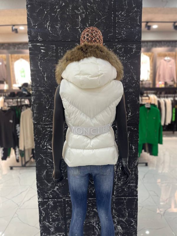 moncler yelek kadin beyaz beli kemer detayli yuksek kalite tilki tuyu kapuson