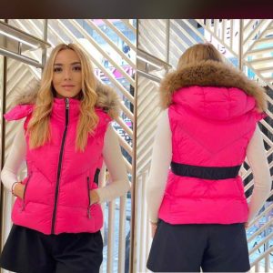 moncler yelek kadin pembe beli kemer detayli yuksek kalite tilki tuyu kapuson