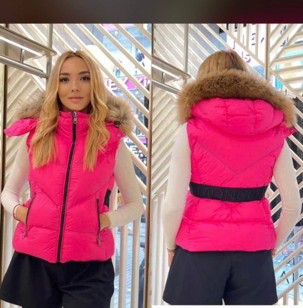 moncler yelek kadin pembe beli kemer detayli yuksek kalite tilki tuyu kapuson