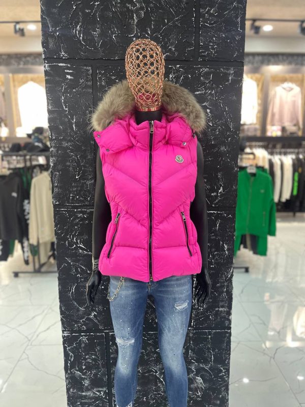 moncler yelek kadin pembe beli kemer detayli yuksek kalite tilki tuyu kapuson