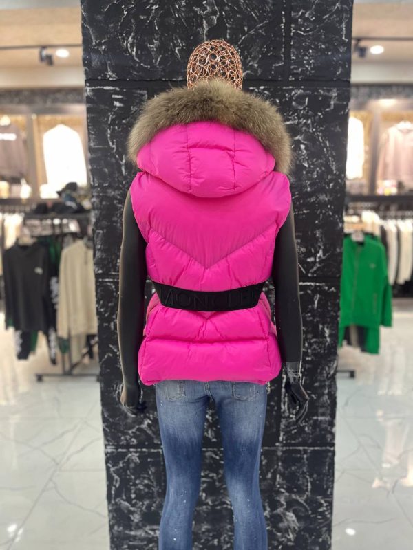 moncler yelek kadin pembe beli kemer detayli yuksek kalite tilki tuyu kapuson