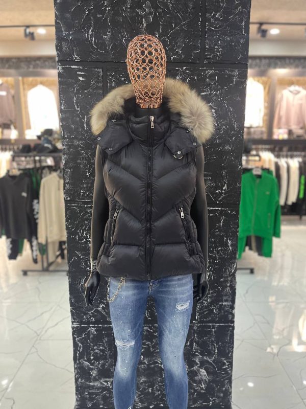 moncler yelek kadin siyah beli kemer detayli yuksek kalite tilki tuyu kapuson