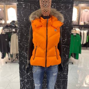 moncler yelek kadin turuncu beli kemer detayli yuksek kalite tilki tuyu kapuson