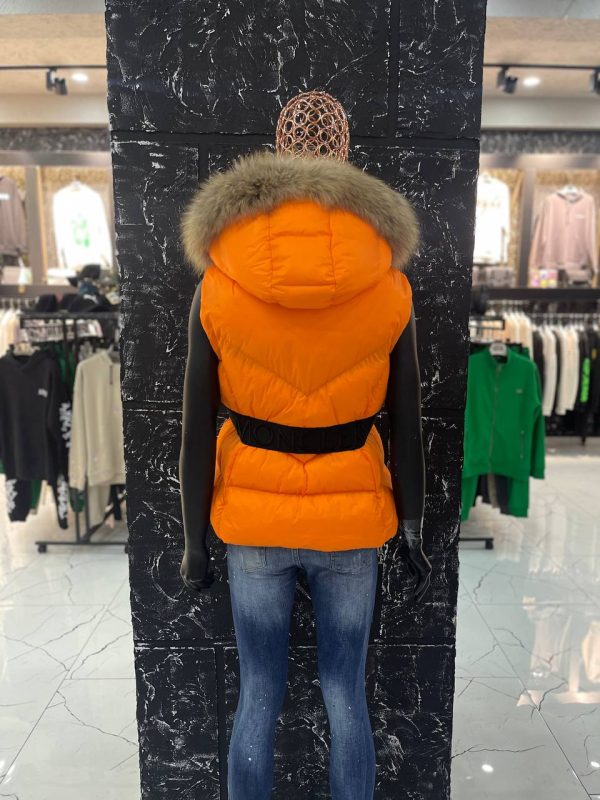 moncler yelek kadin turuncu beli kemer detayli yuksek kalite tilki tuyu kapuson