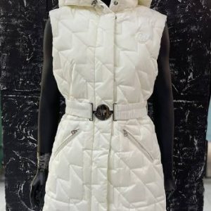 moncler yelek uzun beyaz kemer detayli
