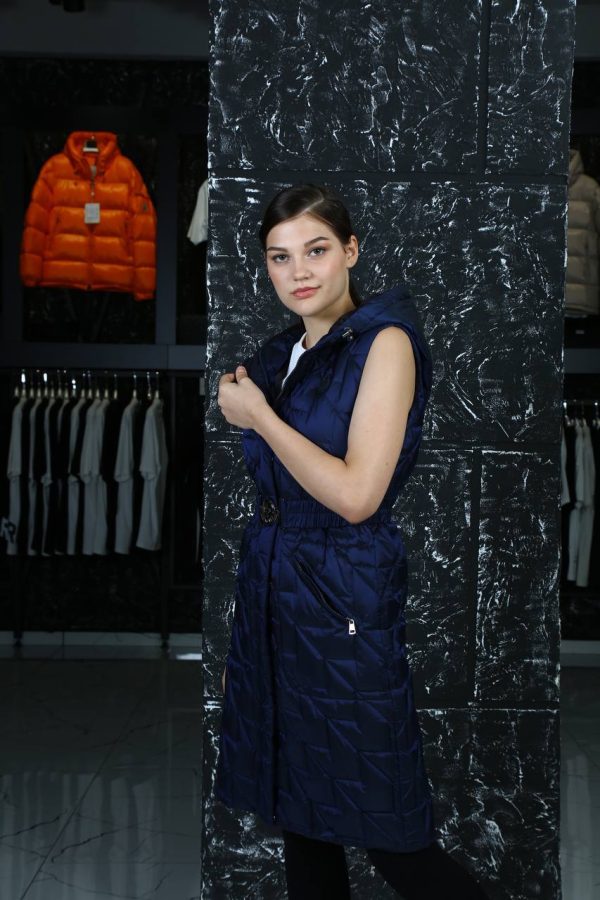 moncler yelek uzun lacivert kemerli