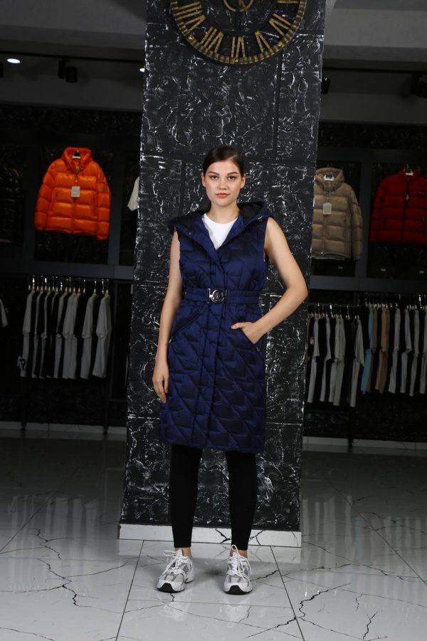 moncler yelek uzun lacivert kemerli