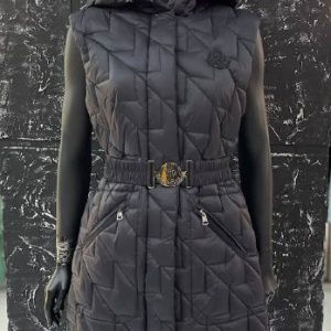 moncler yelek uzun mat siyah kemer detayli