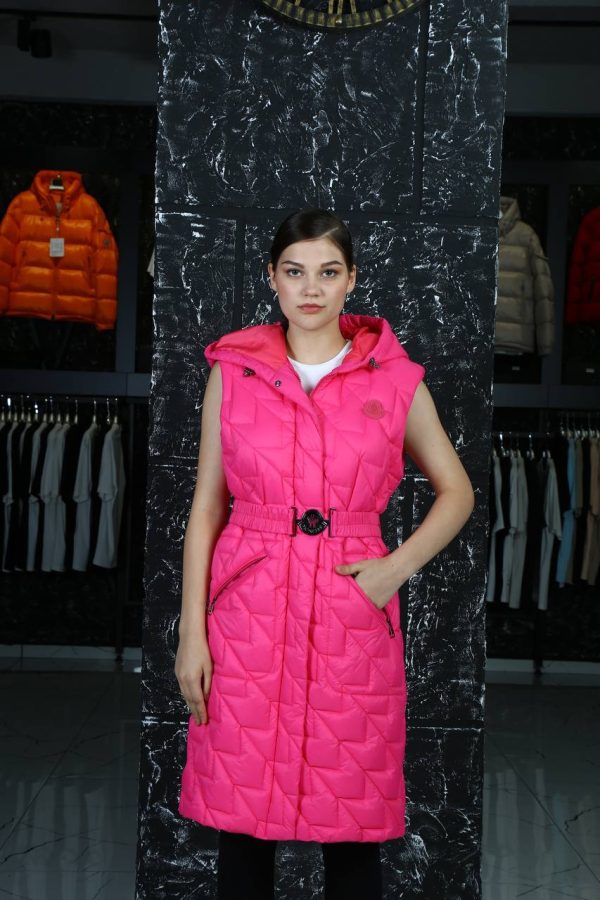 moncler yelek uzun pembe kemerli