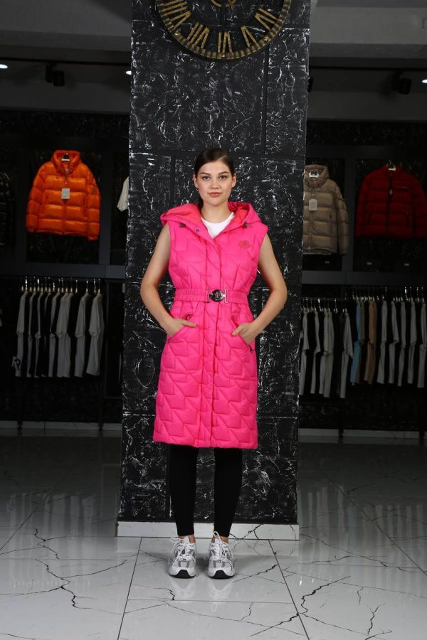 moncler yelek uzun pembe kemerli