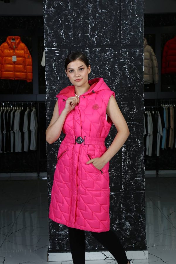 moncler yelek uzun pembe kemerli